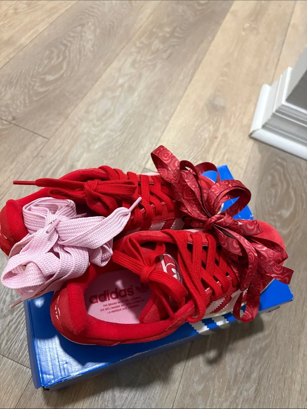 adidas Kids Red Sneakers with Pink Stripes